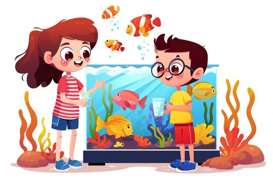A boy and a girl are seen looking at a fish tank. This image can be used to depict curiosity, learning, and fascination with aquatic life