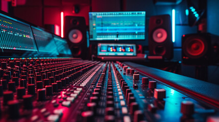 Step into the creative realm of a sound studio. Artistic composition and generative AI techniques converge to create a visually engaging and evocative depiction of audio craftsmanship.