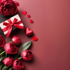 red roses and gift box empty wallpaper for text love romance background with flowers and hearts ai design