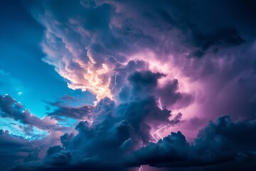 Fototapeta na wymiar Lightning thunder and stormy grey clouds. Generative AI