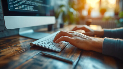 hands on the computer, close up man's hands, sits at the desk, types on the keyboard, light colors, white computer, company office, work from home, freelance, background blurred