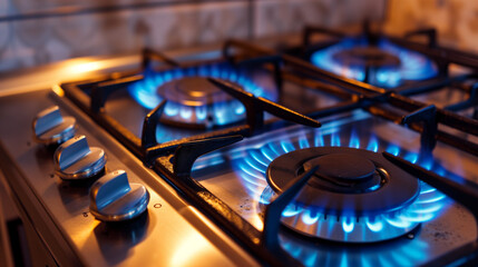 Photograph of a home stove gas burner with blue and yellow flames. Gas cooking with stove. - obrazy, fototapety, plakaty