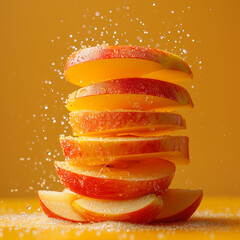 Fresh sliced apples falling in studio