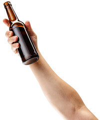 Cropped image of male hand holding bottle of strong alcohol drink against transparent background....