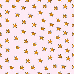 Gold stars seamless pattern on a light pink background. Bewitching endless random scattered yellow stars festive pattern. Pink background for kids. Vector for fabric, wrapping paper, textile.