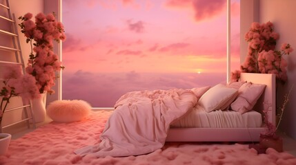 Idyllic tranquil horizon landscape view at the sunset or twilight through the window of an empty romantic pink bedroom with sheets. Paradise scenery, exotic indoors apartment comfort at dawn,honeymoon
