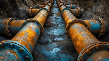 Large aged rusty dirty blue or gray industry iron or metal pipelines tubes taking out waste or pollution through the ground soil