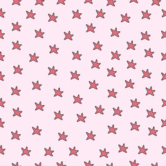 Pink stars seamless pattern on a light pink background. Bewitching endless random scattered pink stars festive pattern. Pink background for kids. Vector for fabric, wallpaper, wrapping paper, textile.