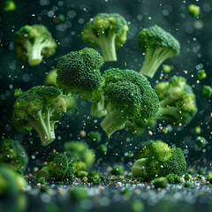 Fresh broccoli falling in studio