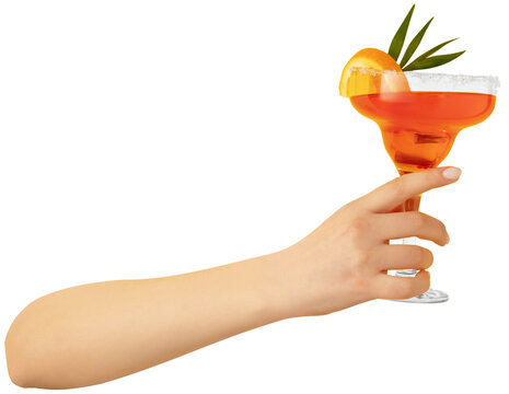 Exotics sweet and sour drinks. Female hand holds glass of delicious Aperol cocktail against transparent background. Concept of alcohol drinks parties, Friday mood, restaurant, celebration. Ad
