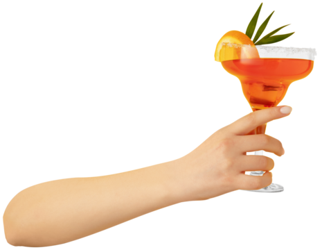 Exotics sweet and sour drinks. Female hand holds glass of delicious Aperol cocktail against transparent background. Concept of alcohol drinks parties, Friday mood, restaurant, celebration. Ad