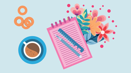 beautiful and pleasant vector illustration of an office desk with a blank blanc ruler and pen, flowers and coffee with bagels - obrazy, fototapety, plakaty