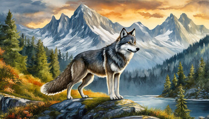 wolf in winter  mountains, art design - obrazy, fototapety, plakaty