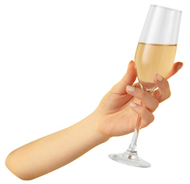 Beautiful and elegant female hand holding glass of champagne or wine against transparent background. Concept of alcohol drinks parties, Friday mood, restaurant, celebration. Ad