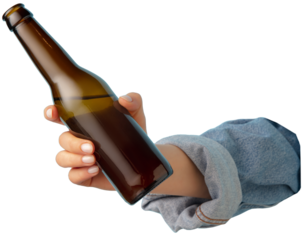 Strong drinks. Hand holding bottle of cold, lager beer without label against transparent background. Concept of Oktoberfest, traditions, Bavarian culture, alcohol drinks, celebration. Ad
