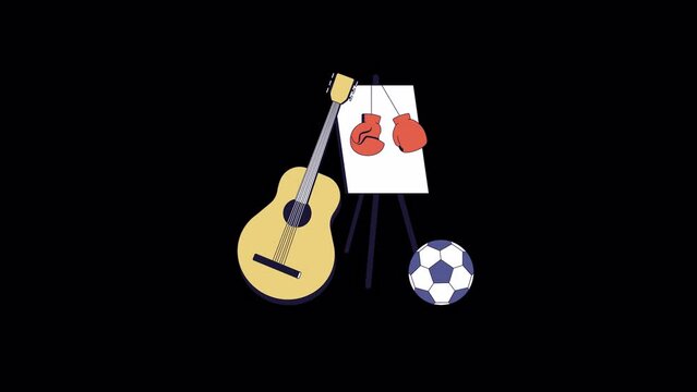 Hobbies leisure activities line 2D object animation. Recreational flat color cartoon 4K video, alpha channel. Acoustic guitar, easel, boxing gloves, soccerball animated item on transparent background