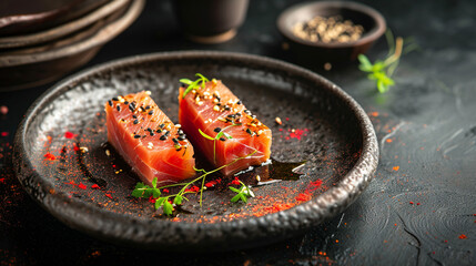 Creative Michelin-starred dish, bluefin tuna with spices, black ceramic tableware, rustic, Japanese style. 