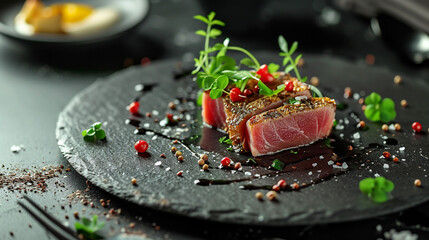 Fototapeta na wymiar Creative Michelin-starred dish, bluefin tuna with spices, black ceramic tableware, rustic, Japanese style. 