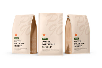 Coffee Pouch Packaging Mockup Three Bag High Resolution 3D Illustration Brand Identity Marketing - obrazy, fototapety, plakaty