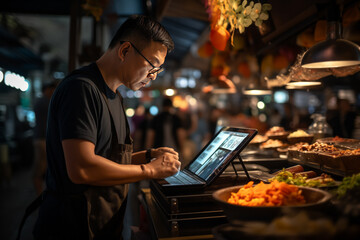 Asian male fast food restaurant worker places an order on a tablet - obrazy, fototapety, plakaty