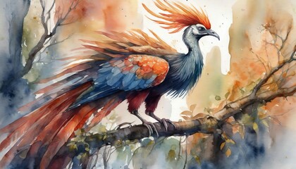 The watercolor of the red phoenix bird on the branch.