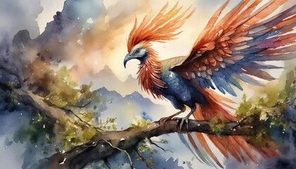 The watercolor of the red phoenix bird on the branch. - obrazy, fototapety, plakaty