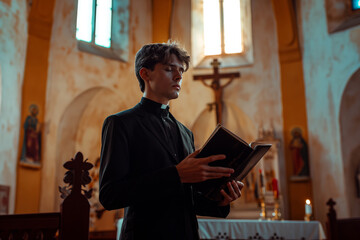 Fototapeta premium A priest in a church in front of a window with a book of the Bible