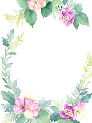 Watercolor floral frame, flowers pink rosehip, oval for wedding invites, greetings, wallpapers, fashion, background, Generative AI