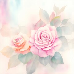 Watercolor floral bouquet with roses, set with green leaves, Generative AI