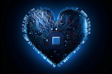 Heart shaped computer chip on dark blue background. 3D Rendering - obrazy, fototapety, plakaty