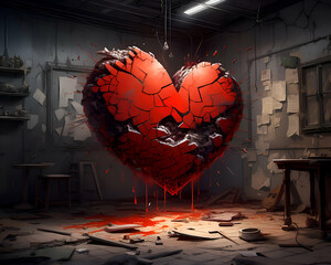Red heart breaking through a wall in an abandoned room. 3D rendering