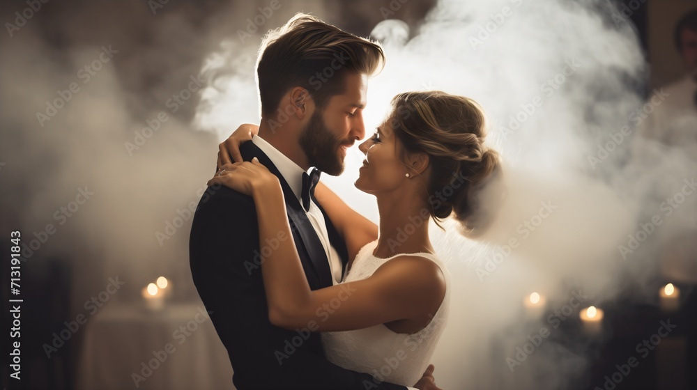 Wall mural beautiful young wedding couple dance, bride and groom, bride is wearing a long white wedding dress, 