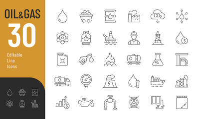 Oil And Gas Line Editable Icons set Vector illustration in modern thin line style of fossils fuel related icons: production, processing, transportation of oil and gas, and more. Isolated on white.