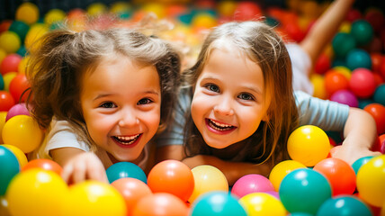 Dos niñas en un parque de bolas dentro de una piscina de bolas. - obrazy, fototapety, plakaty