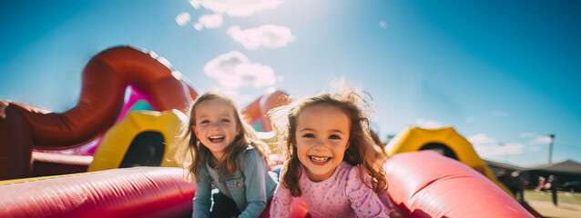 Dos niñas en un castillo inflable de exterior.