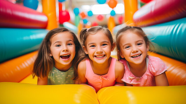 Tres ni&ntilde;as en un castillo inflable de exterior.