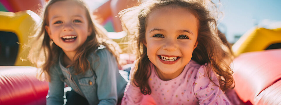 Dos ni&ntilde;as en un castillo inflable de exterior.