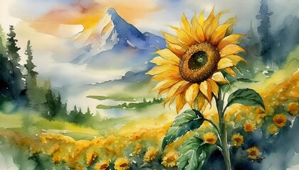 The watercolor of the sun flowers. 