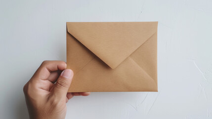 Fototapeta premium Close-up of a man's hand holding a brown envelope on a light background. Mail, gift, bribe.