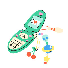 Cute cartoon illustration of retro 2000s flip mobile cellphone. Hand drawn flat vector y2k mobile telephone with funny charms in colored doodle style. Isolated on white.