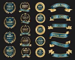Golden blue luxury premium quality label badges on grey background vector - obrazy, fototapety, plakaty