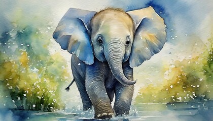 The watercolor of the baby elephant at the jungle.