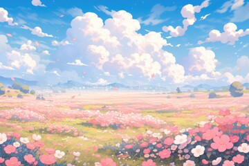 pink field background in pixel art style.