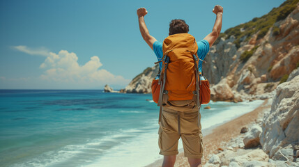 Strong and confident man standing on to an ocean. Fit active lifestyle concept. Positive man celebrating on sand and beach, with arms raised up, Goal, successful, achievement 