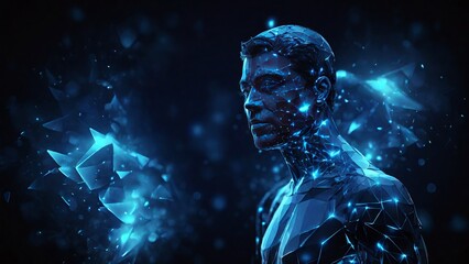 Futuristic polygonal 3d man made of glowing linear polygons in dark blue color. Abstract illustration for online business, it, network, support, services app concept.