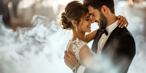 Beautiful young wedding couple dance, bride and groom, bride is wearing a long white wedding dress, groom is wearing a black tuxedo suit with white shirt and a bow tie, romantic scene, white smoke