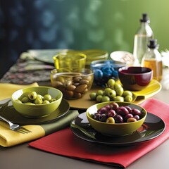 A table topped with plates and bowls filled with olives
