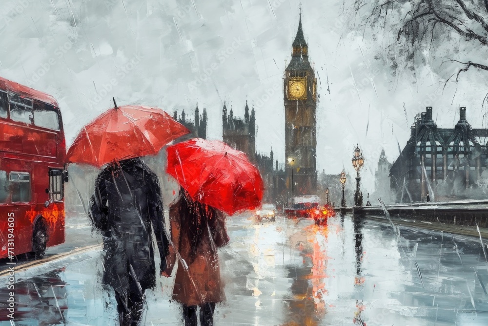 Poster two people walking in the rain with umbrellas. suitable for weather-related concepts or urban scenes
