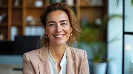 Smiling young woman sitting on desk at office