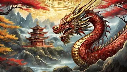 Obraz premium The red chinese dragon statue at the mountains landscape.